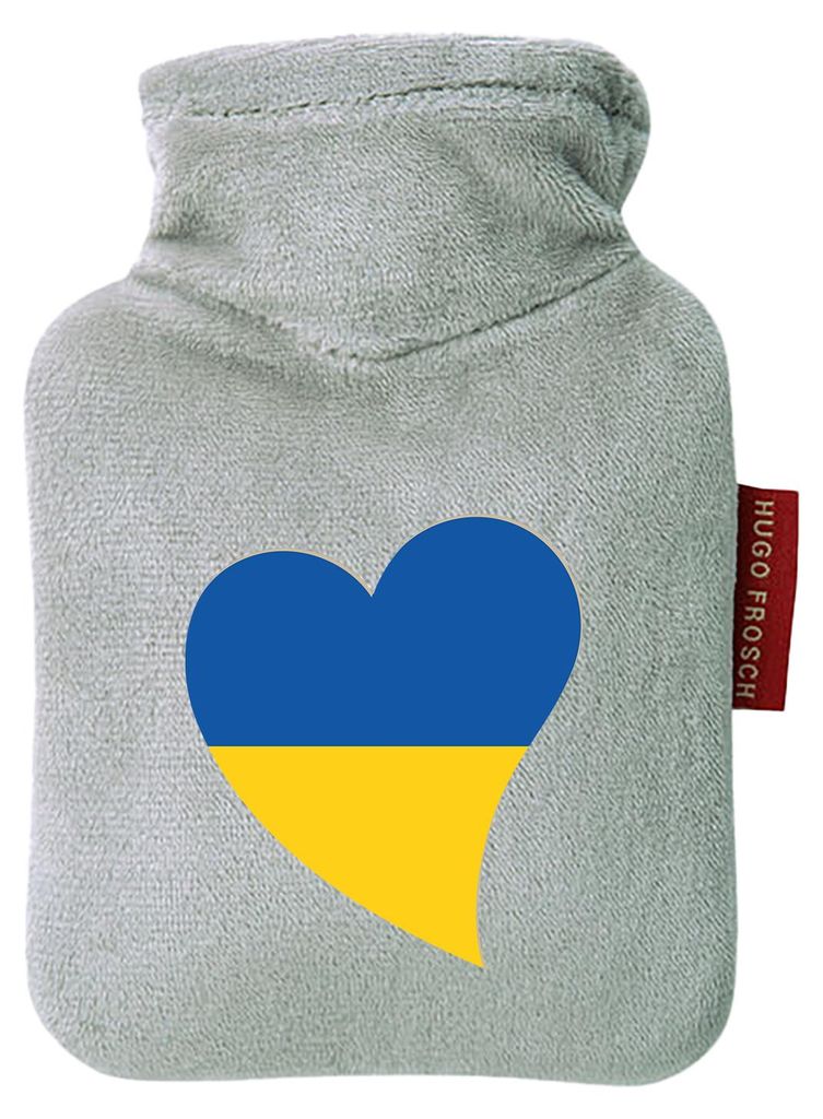 Huuraa Mini-Wärmflasche Ukraine Flagge Herz 0,2 Liter Grey Mini Veloursbezug Taschenwärmer Geschenkidee