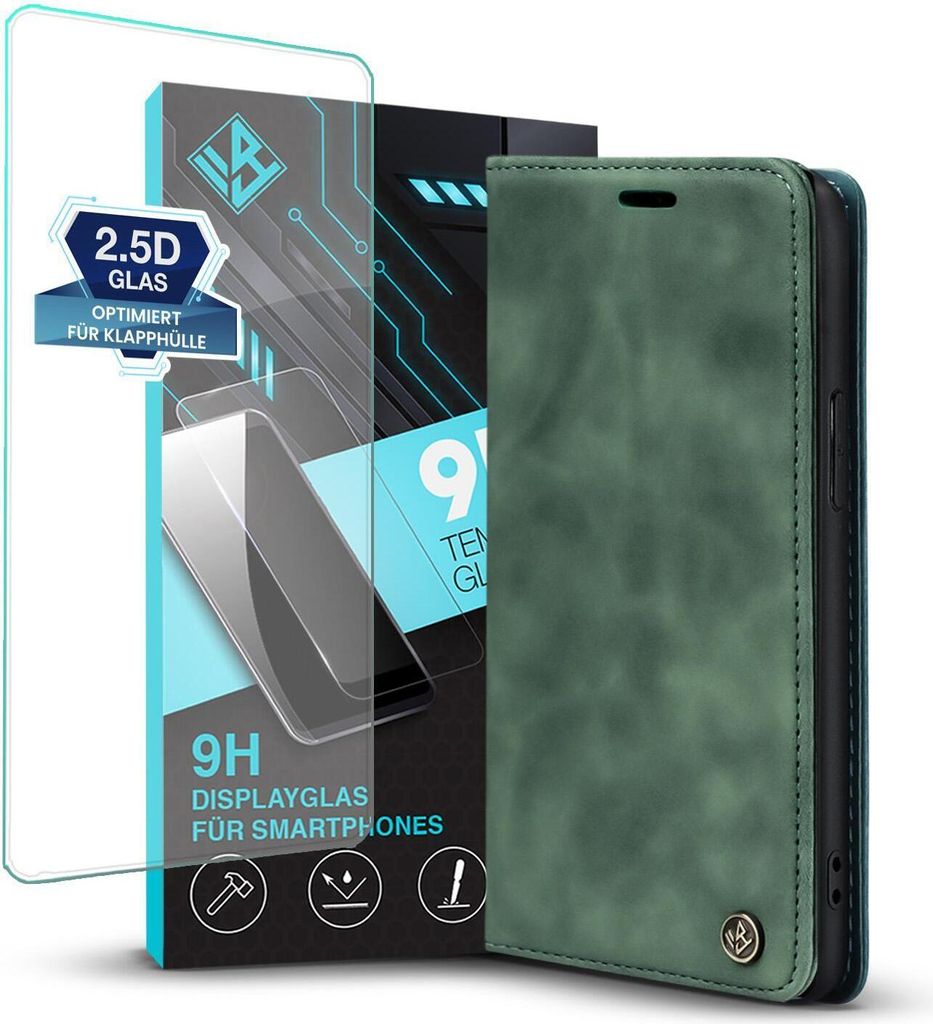 Handy Hülle für Apple iPhone 12 Pro mit 9H Displayglas Klapphülle Bookcase Flip Cover Handy Tasche Etui Farbe: Grün
