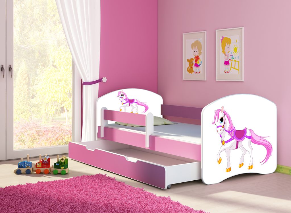 ACMA Jugendbett Kinderbett Junior-Bett Komplett-Set mit Matratze Lattenrost und Rausfallschutz Rosa 43 Kleines Pferd 160x80 + Bettkasten