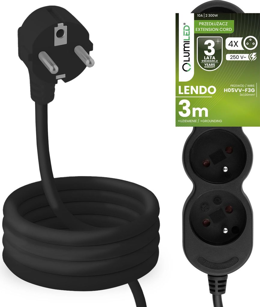 LUMILED Steckdosenleiste 4-Fach Steckdose Typ E, 3m Kabel H05VV-F3G schwarz Mehrfachsteckdose E Stecker 10A 2300W 250V IP20 Halterung zum Aufhängen