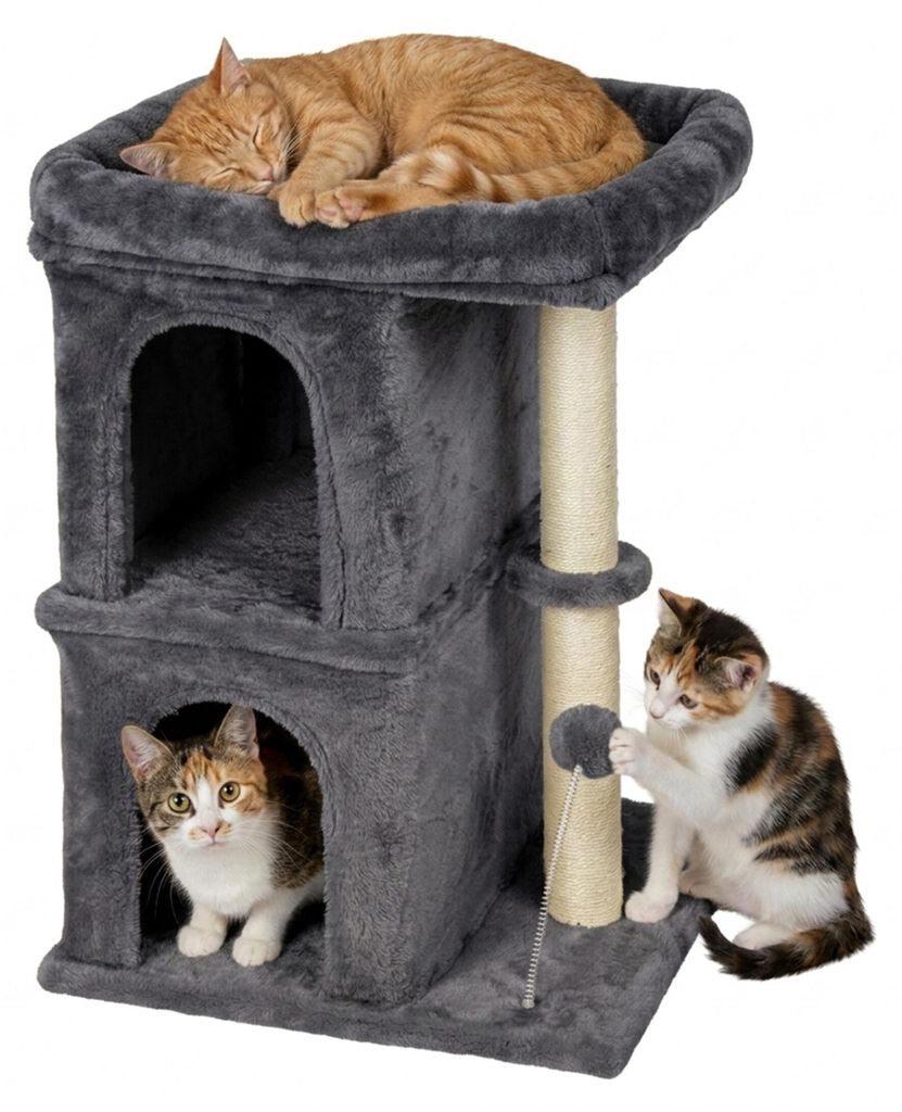 Árbol para gatos Relaxdays, con 2 escondites y juguetes, Imagen del producto 