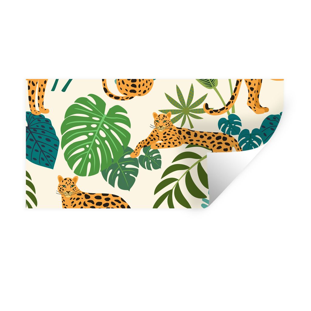 MuchoWow Wandtattoo Wandsticker Wandaufkleber Dschungel - Leopard - Pflanzen - Muster - Mädchen - Jungen 80x40 cm Selbstklebend und Repositionie...
