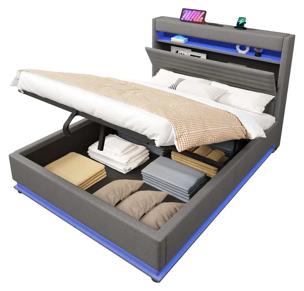 Polsterbett mit LED-Streifen, Stauraum, Schrank, USB und Type-C, 140x200 cm, gepolsterter Kopfteil mit Schrank, Einzelbett, Stauraumbett, Leinen