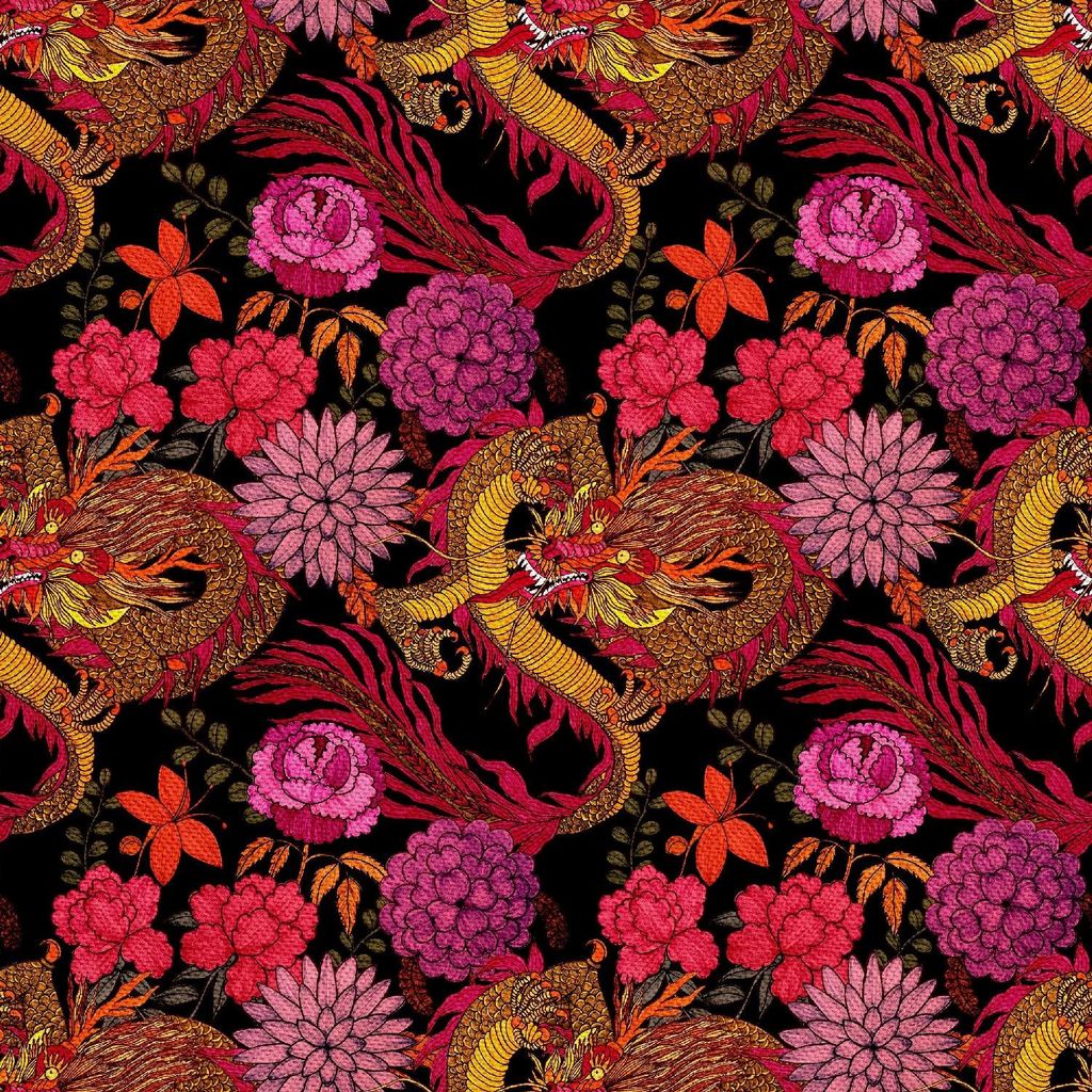 OUTDOOR DEKOSTOFFE OXFORD - Motiv Drache in rosa Blüten