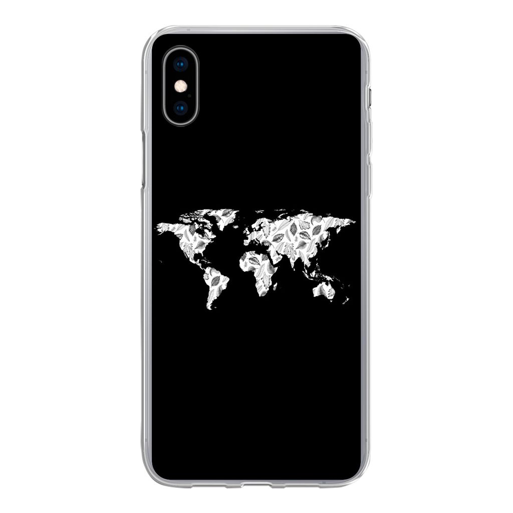 MuchoWow Handyhülle Schutzhülle Hülle für iPhone Xs Weltkarte - Blätter - Schwarz Silikon Softcase Handy Hülle - Handytasche