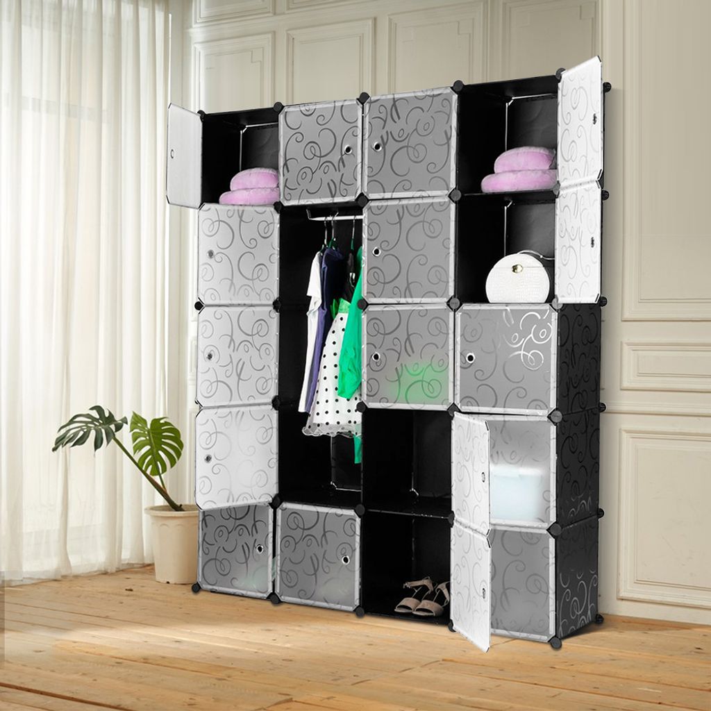 Kleiderschrank 20 Würfel DIY Modulare Regale Kleider- und Schuhschrank aus Kunststoff mit Türen 147x37x183cm