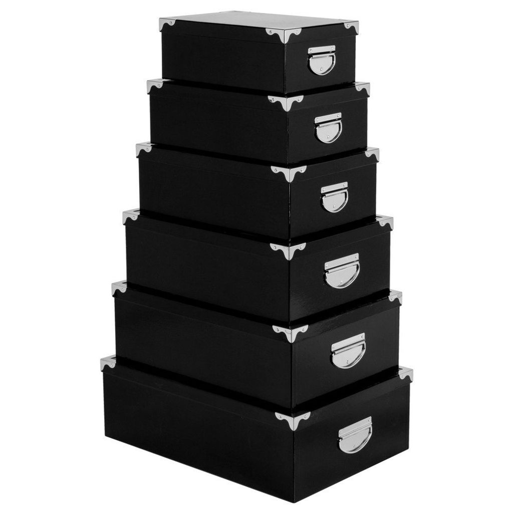 Set von sechs rechteckigen Aufbewahrungsboxen Organizer Metallbeschläge Tragegriffe schwarz