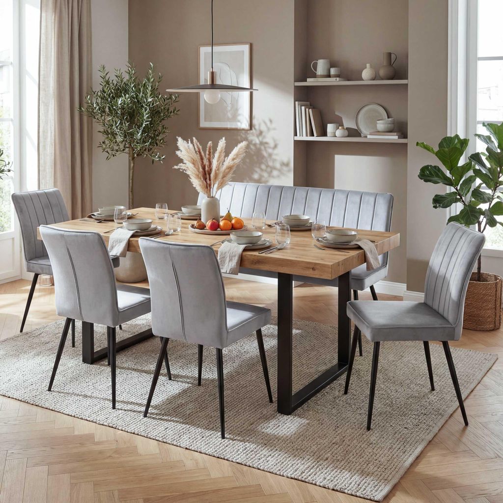 Esszimmer-Set HWC-K16, 4er-Set Stuhl+Sitzbank Esszimmergruppe Sitzgruppe Esszimmergarnitur, Samt Metall hellgrau