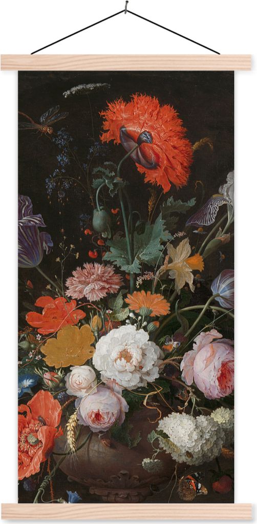 MuchoWow Textilposter Stilleben mit Blumen und einer Uhr - Gemälde von Abraham Mignon 60x120 cm mit holzfarbenen Rahmen - Holz