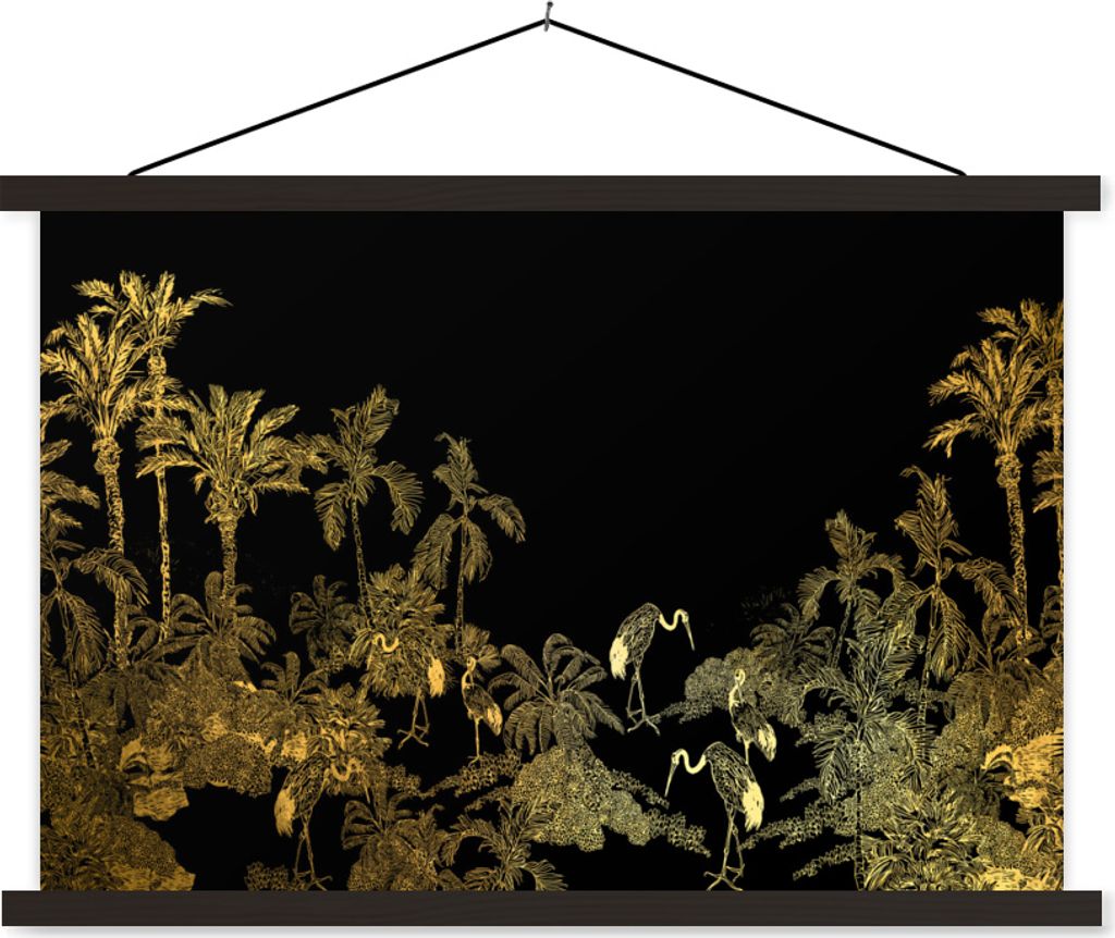 MuchoWow Textilposter Dschungel - Vögel - Gold - Luxus 150x100 cm mit schwarzem Rahmen - Schlafzimmer