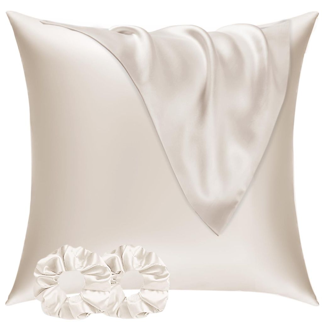 Satinkissenbezug 65 x 65 cm, 2er-Set, inklusive 2 Haargummis; Satinkissenbezug 65 x 65 cm, beige; seidig weicher Kissenbezug 65 x 65 cm; pflegeleic...