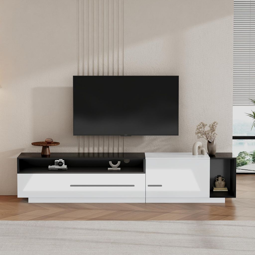 Merax Hochglanz TV-Schrank Lowboard mit Schublade, TV-Board mit Tür und offenem Fach, Für Fernseher bis 70 Zoll, 170 cm, Weiß + Schwarz