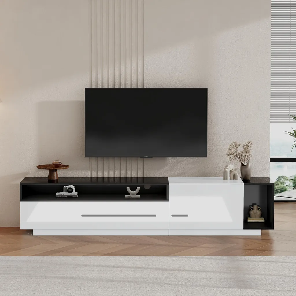 Merax Armoire TV Brillante 170cm Blanc et Noir pour Écran jusqu'à 70 Pouces