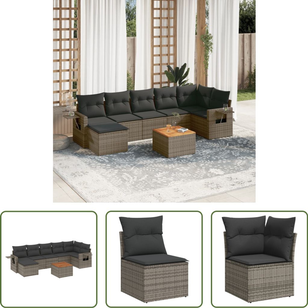 The Living Store 8-tlg. Garten-Sofagarnitur mit Kissen Grau Poly Rattan