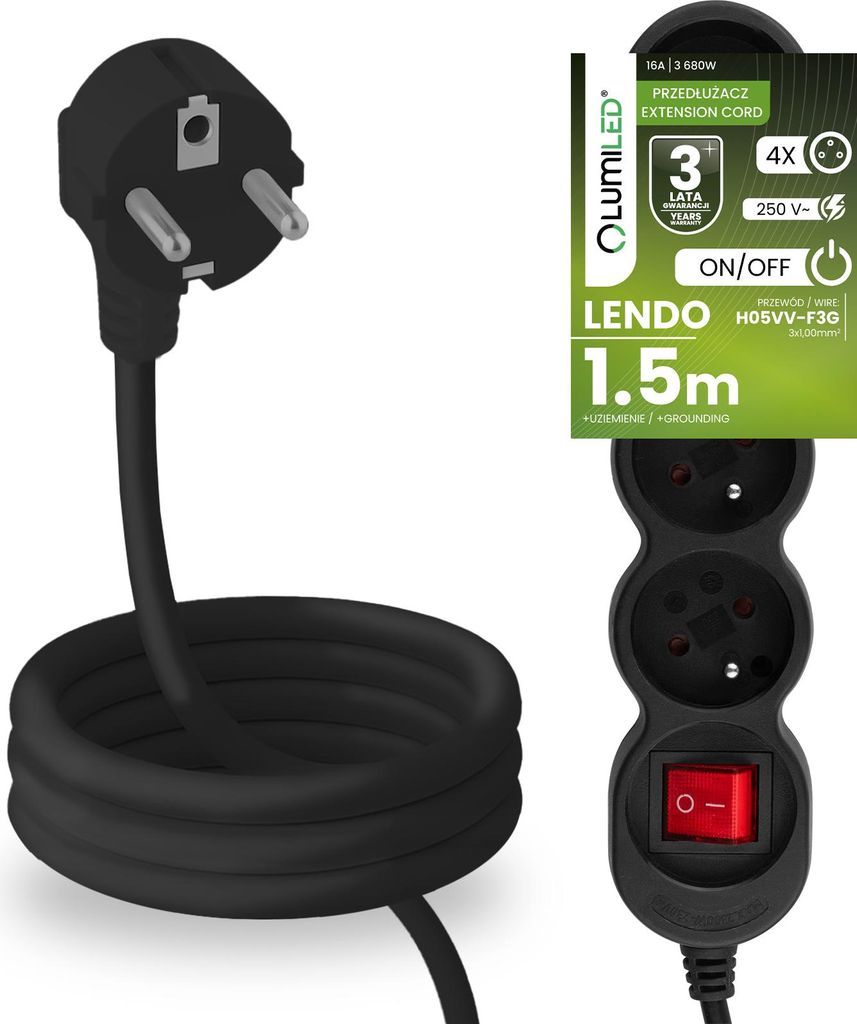 LUMILED Steckdosenleiste mit ON/OFF Schalter 4-Fach Steckdose Typ E, 1,5m Kabel H05VV-F3G schwarz Mehrfachsteckdose E Stecker 16A 3680W 250V IP20 H...
