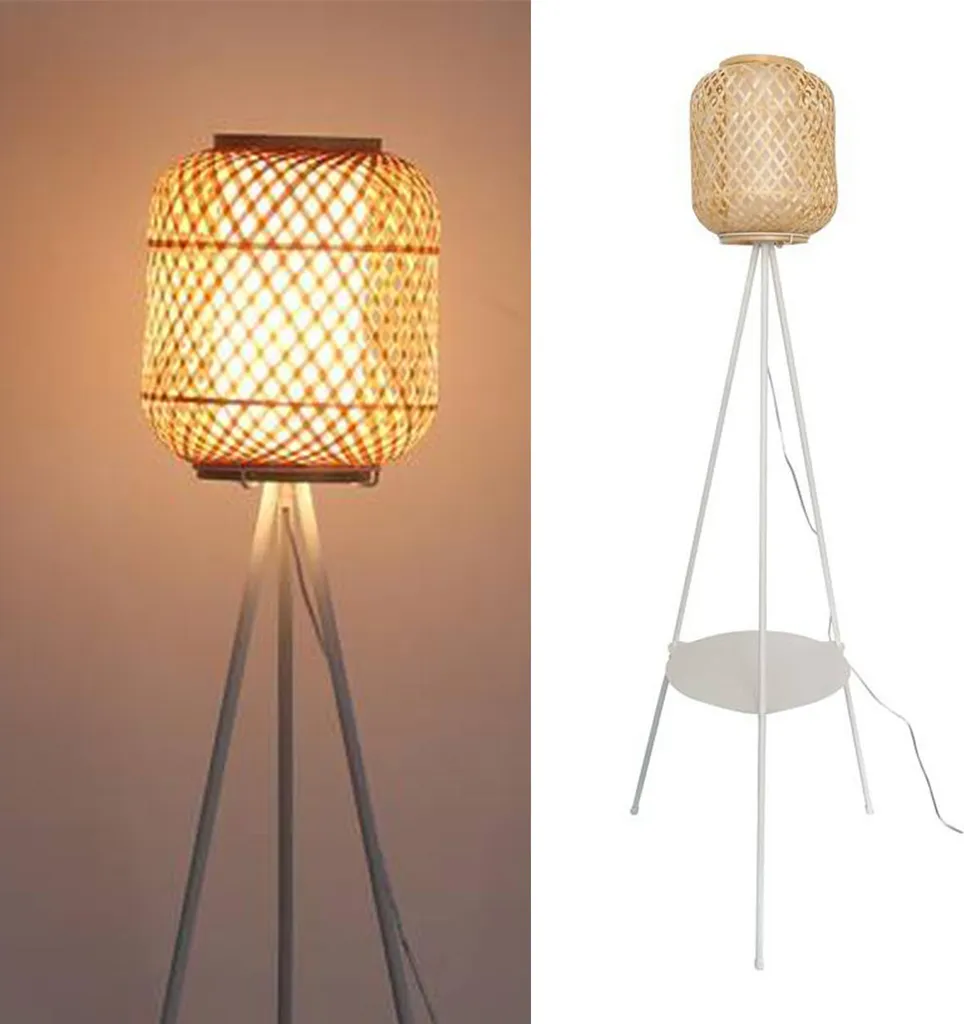 Luminaire de salon avec plateau bois et éclairage tamisé en bambou E27