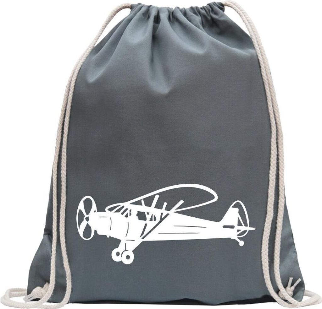 Kiwistar - Turnbeutel - stahlgrau - Propellermaschine Flugzeug - Fun Rucksack Sport Beutel Gymsack Baumwolle mit Ziehgurt