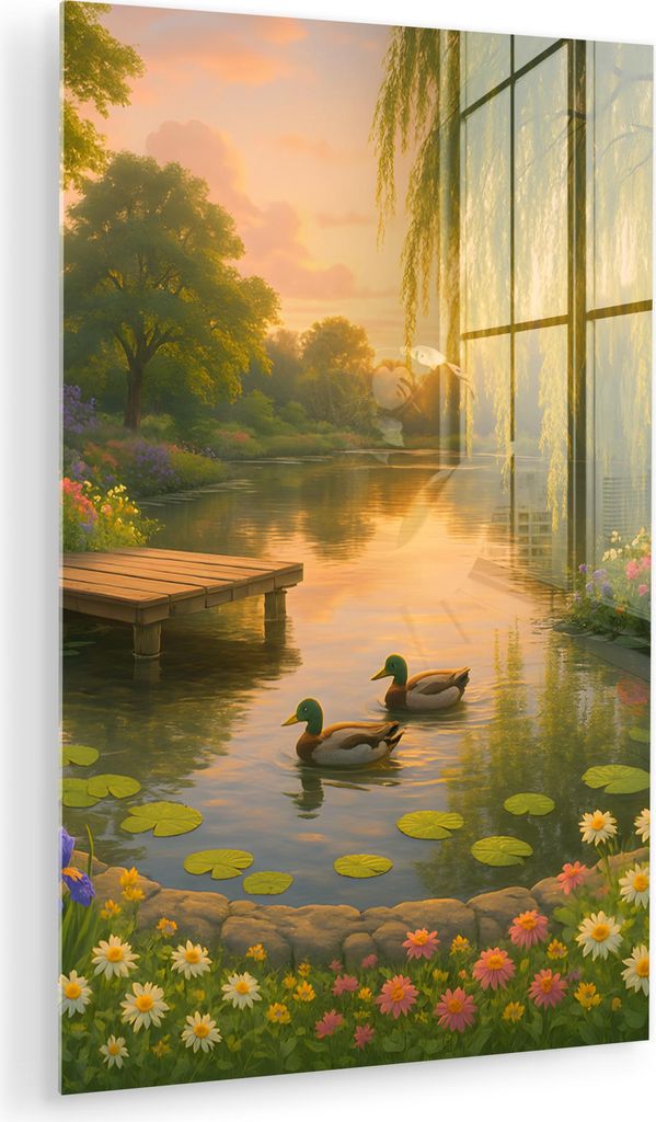 MuchoWow Glasbilder - Bilder auf Wandbild - Foto auf Glas Enten - Teich - Blumen 60x90 cm Wanddekoration aus Glas - Acrylglasbild - Acrylbilder - P...
