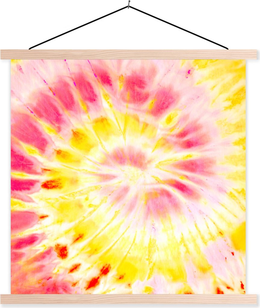 MuchoWow Textilposter Krawattenfärbung - Gelb - Rosa 60x60 cm mit holzfarbenen Rahmen - Wanddekoration
