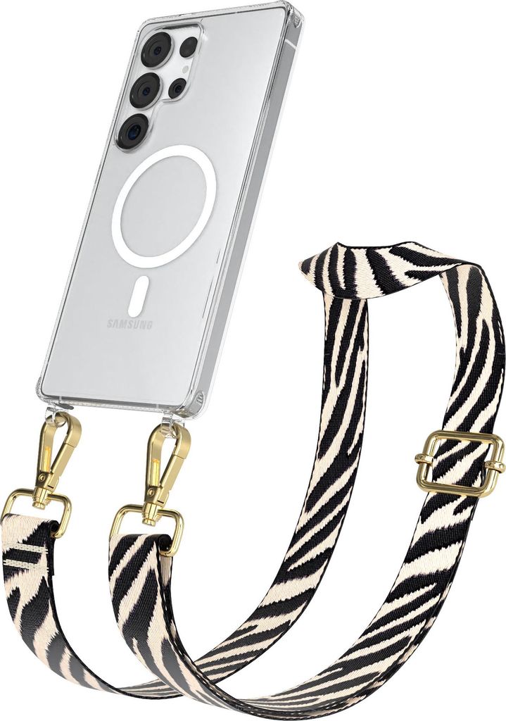 EAZY CASE - Handykette mit MagSafe Hülle für Samsung Galaxy S25 Ultra, Handyband Zebra Style,Karabiner Gold, Umhängeband in Schwarz