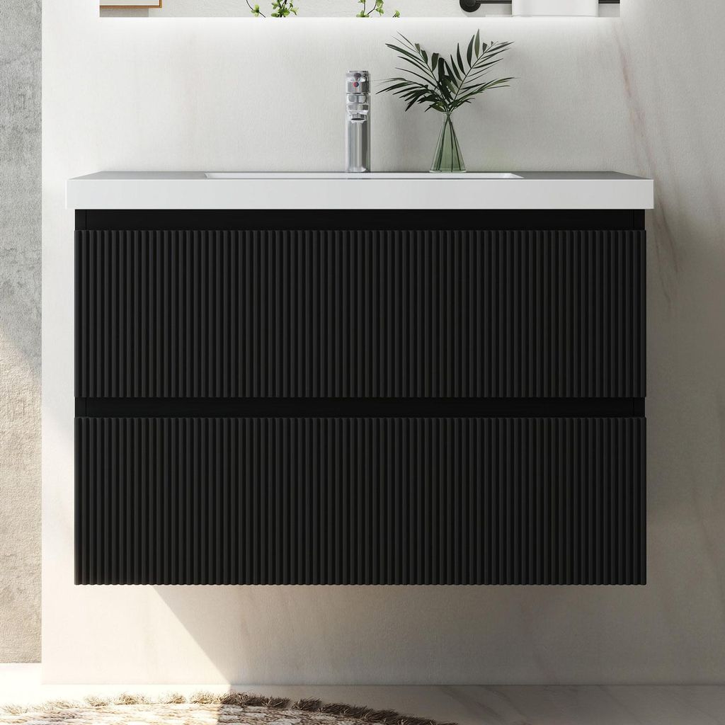 Waschtisch mit Unterschrank 80cm BOKAV Badmöbel Set Schwarz Waschbecken mit Unterschrank Softclose