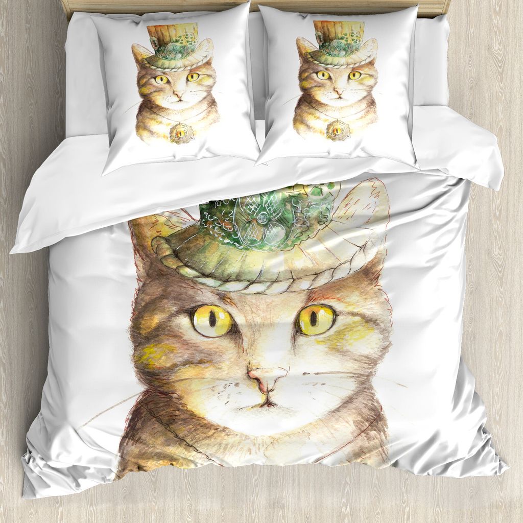 ABAKUHAUS Katze Bettbezug, Aquarell-Effekt Tier, Milbensicher Allergiker geeignet mit Kissenbezügen, 155 cm x 220 cm - 80 x 80 cm, Gelb und Grau