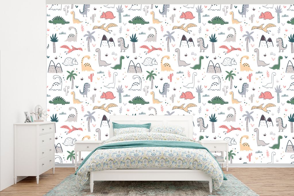 MuchoWow Fototapete für Wohnzimmer oder Schlafzimmer Wandtapete Vinyl Motivtapete Muster - Dino - Baum - Jungen - Kinder - Kinder - 375x240 cm -...