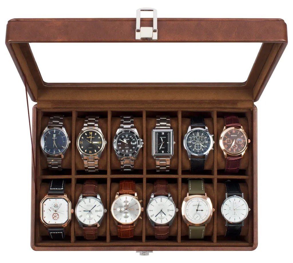 Coffret montres 12 fentes marron, inserts amovibles et verre réel