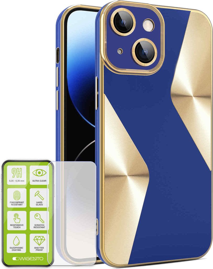 Für Apple iPhone 15 Plus Produktset Electroplated Silikon TPU + H9 Hart Glas Schutz Hülle Case Cover Zubehör Dunkelblau