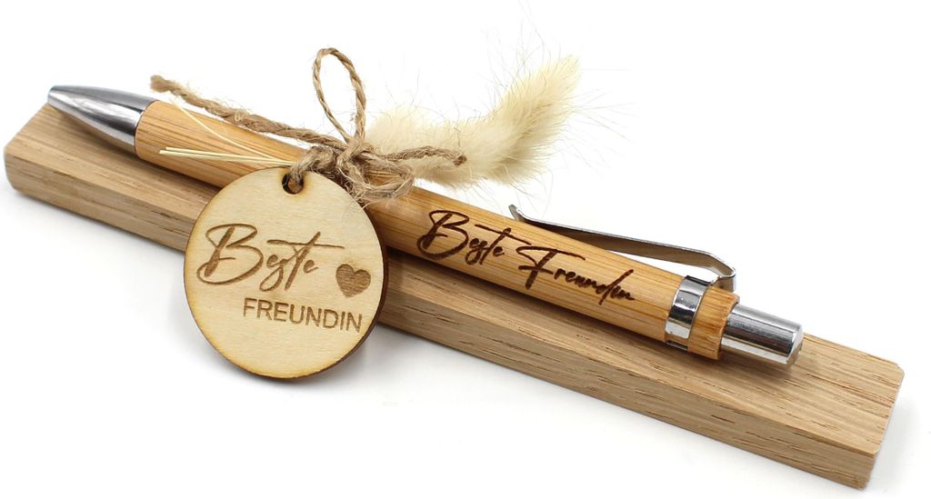 Edler Holzkugelschreiber aus Bambus – Persönliches Geschenk mit Lasergravur, Geschenkfertig verpackt LS03-07 Beste Freundin - mit Deko