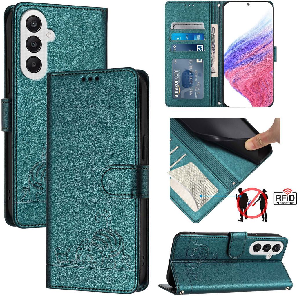 Leder Hülle für Samsung Galaxy A25 Süße Katze Flip Case Brieftasche Schutzhülle mit Standfunktion Grün