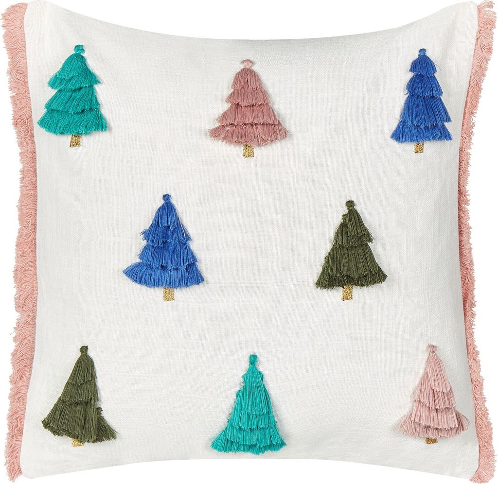 BELIANI Dekokissen Weiß Baumwollbezug mit Füllung Fransen Quadratisch 45x45 cm Weihnachtsmotiv Tannenbaum Reißverschluss Wohnzimmer Schlafzimmer