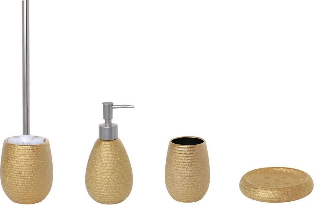 MSV Badezimmer Set, 4-teiliges Badzubehör aus Keramik Oman, Seifenspender, WC Bürste, Seifenschale und Zahnputzbecher Gold