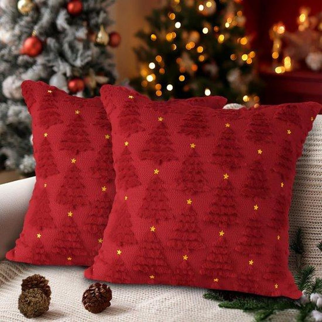 Unyqoos Set mit 2 dekorativen Weihnachtskissenhüllen im Stern- und Baumdesign, 40x40 cm, Plüschstoff