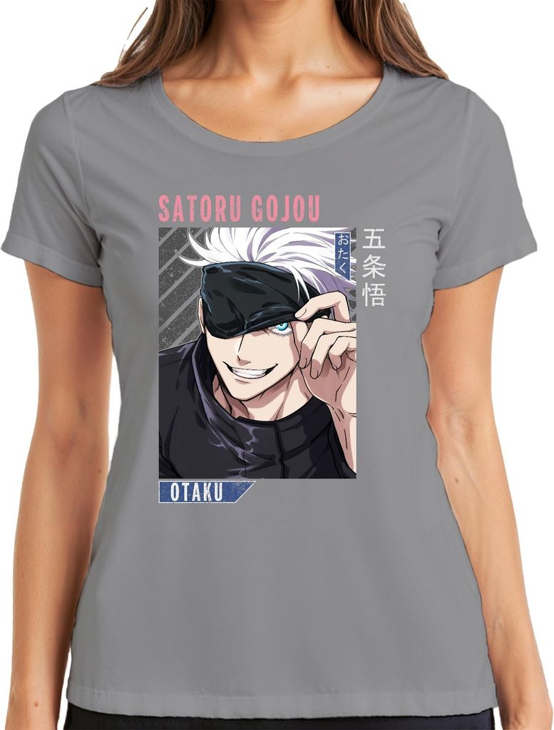 Satoru Gojou Jujutsu Kaisen Anime Otaku Augenbinde weiße Haare Damen T-Shirt, Grau, XXL