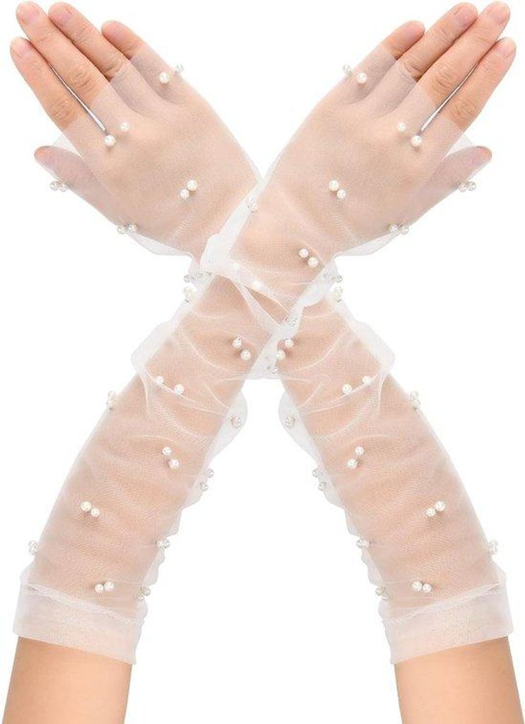 Tulenhandschuhe mit Rüschen, perlweiß, Ellbogengröße, für Blumensträuße