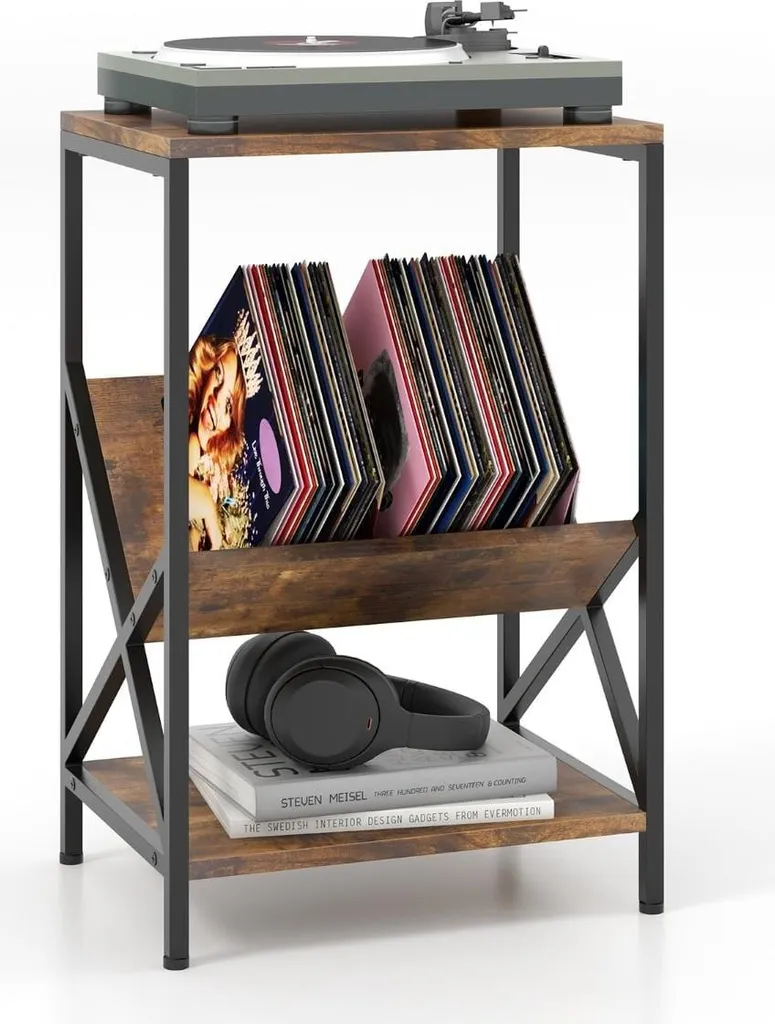 Tavolino Portariviste Design a V Marrone Industriale | 3 Ripiani Top