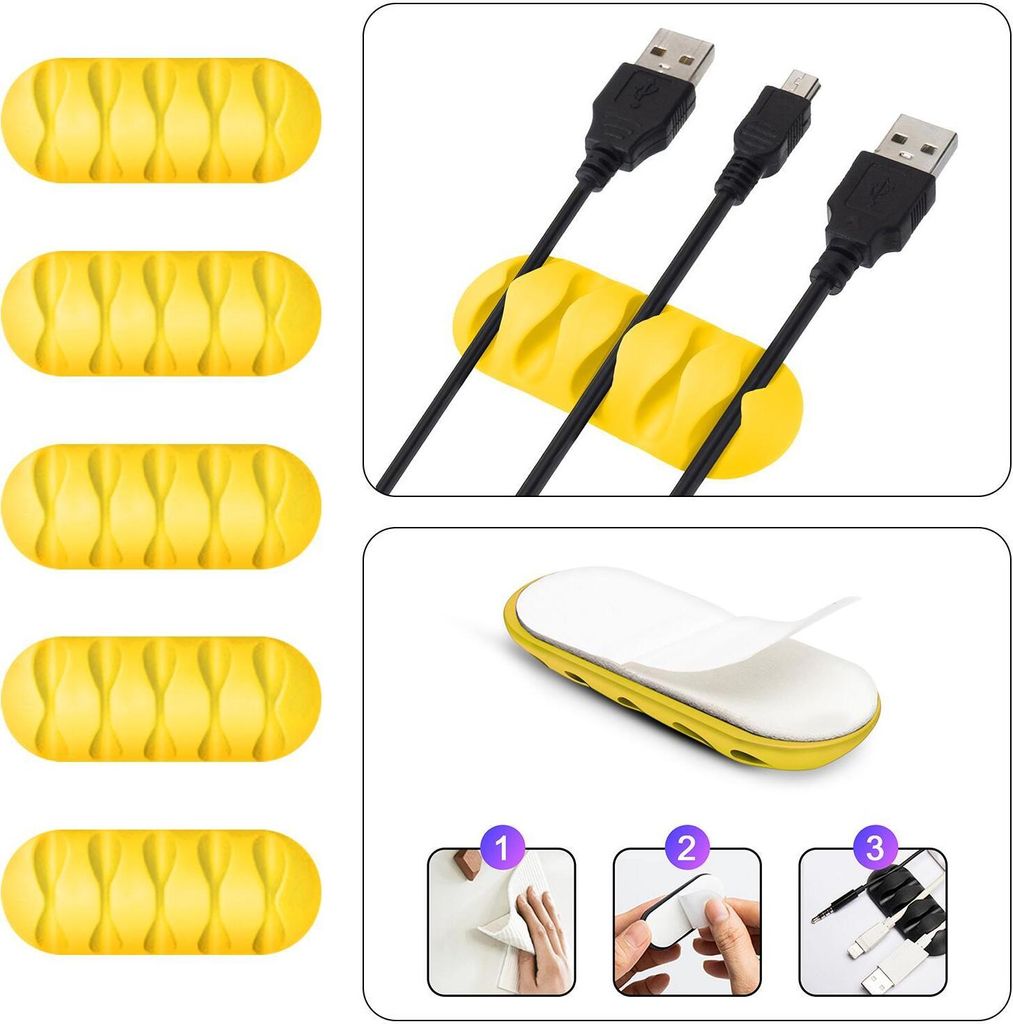 Kabel Organizer Kabelmanager 5-fach Kabelhalter Klemme Clip selbstklebend Schreibtisch Büro Farbe: Gelb Menge: 5 Stück