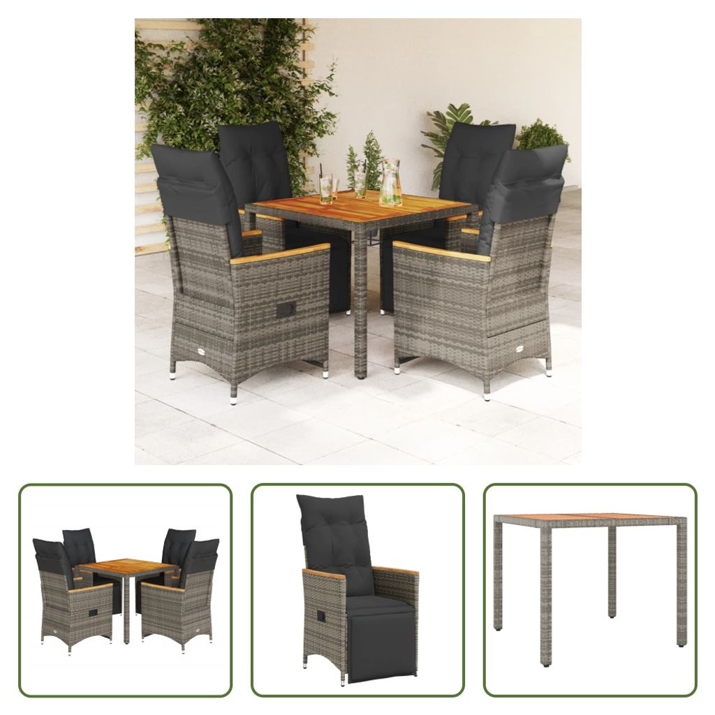 The Living Store 5-tlg. Garten-Bistro-Set mit Kissen Grau Poly Rattan