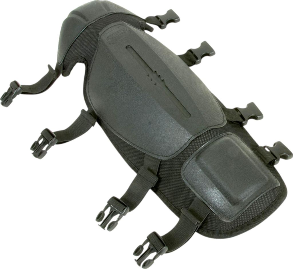 A black protective shin guard with straps and buckles, shown against a white background.