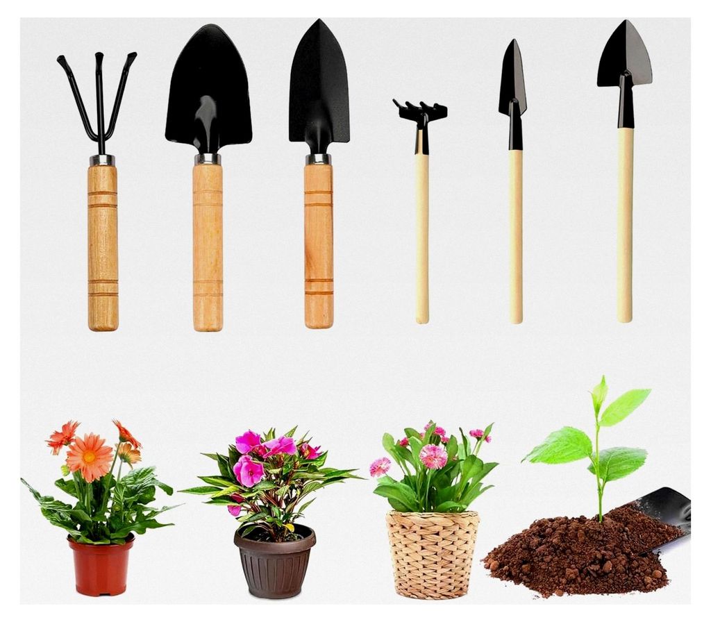Mini Gartenwerkzeug Set, 6-teiliges Set mit kleinen Gartenschaufeln und Handgeräten, Mini Pflanzwerkzeuge mit Holzgriff, Handheld Mini Schaufel, S...
