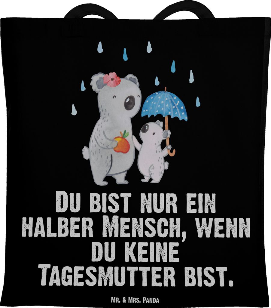 Mr. & Mrs. Panda Einkaufstasche Tagesmutter Herz - Schwarz - Geschenk, Shopping Tasche, baumwoll shopper, Laptoptasche, Uni, Schultasche