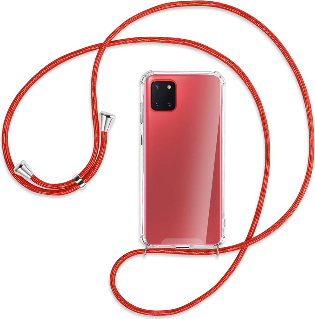 Handykette Backcover-Schutzhülle mit Band (Metall silberfarben) für Samsung Galaxy Note 10 Lite - rot