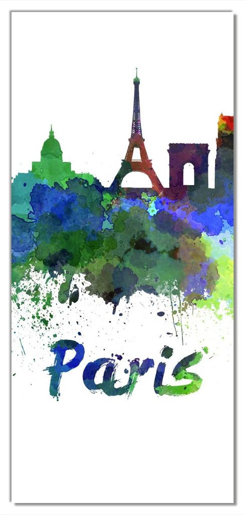Wallario selbstklebende Türtapete 93 x 205 cm - Städte als Aquarell - Skyline von Paris - Abwischbar, rückstandsfrei zu entfernen