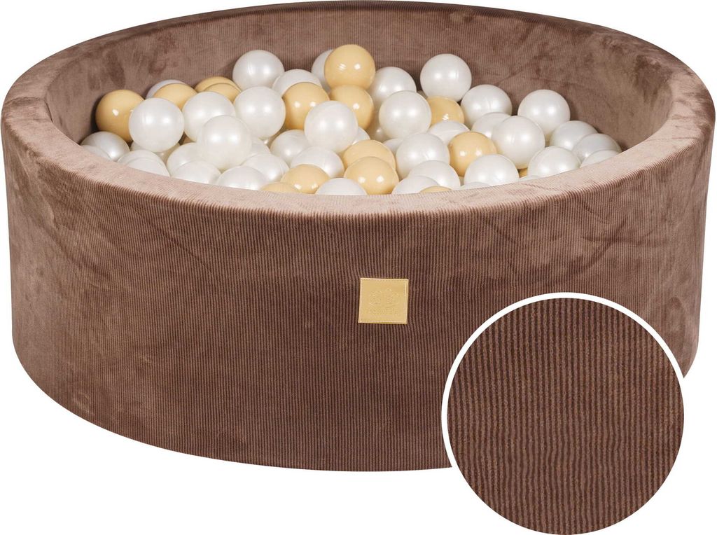 MeowBaby® Runder Ballpool mit Bällen 7 cm für ein Kind, 90x30 cm/200 Bälle, Cord-Cord-Velours, Schokolade: beige/weiß perlmutt