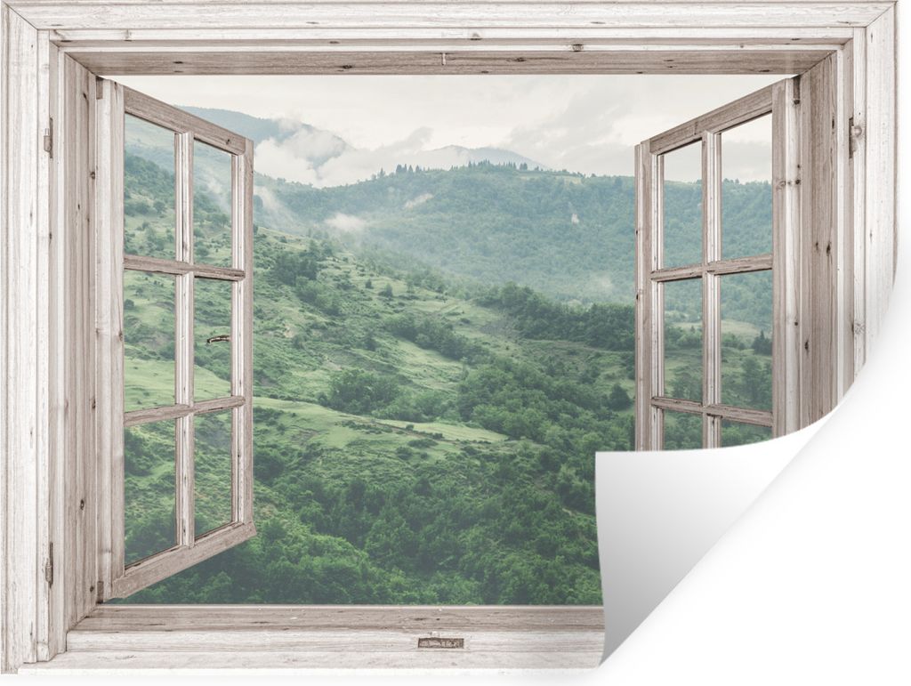 MuchoWow Wandtattoo Wandsticker Wandaufkleber Aussicht - Berg - Baum 120x90 cm Selbstklebend und Repositionierbar - Aufkleber