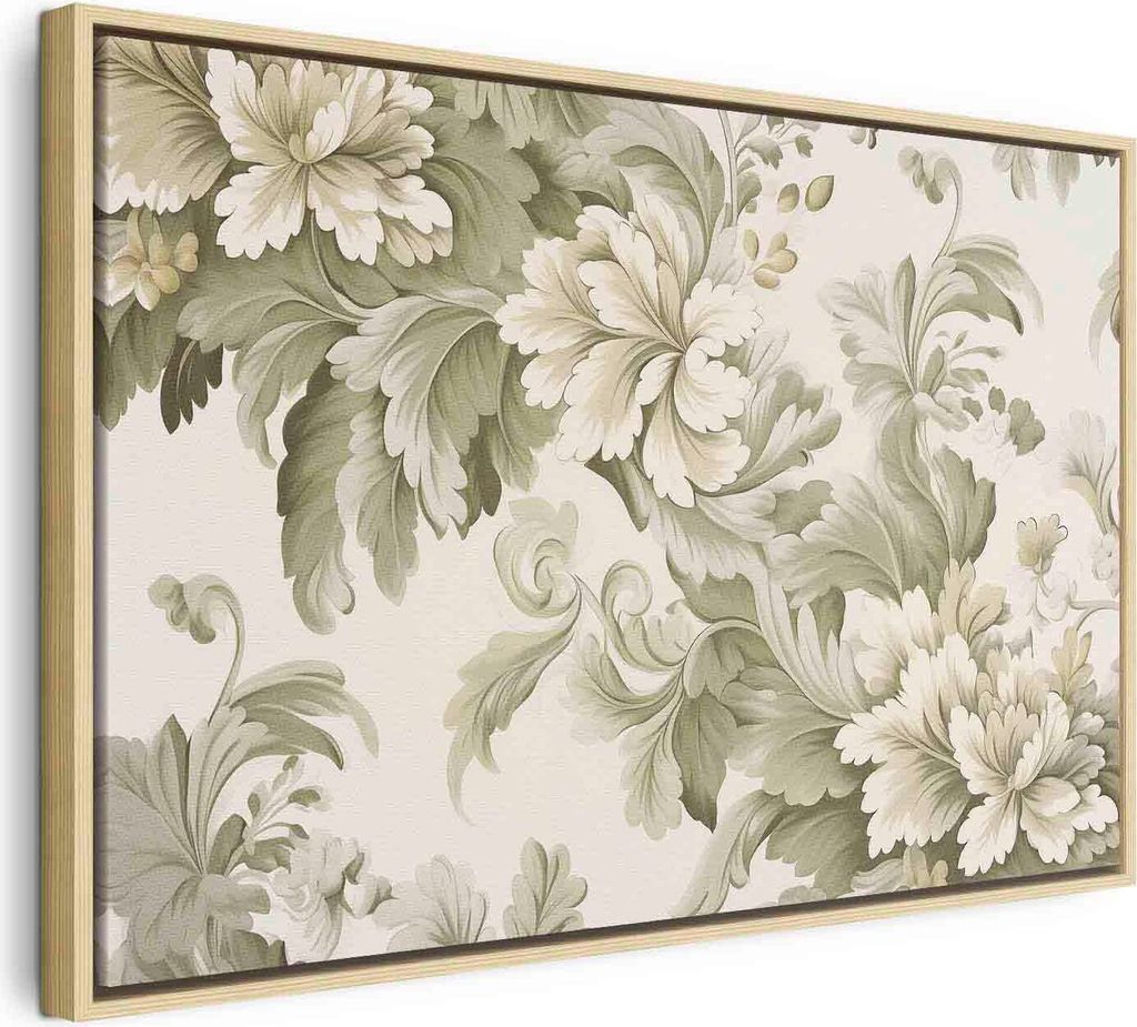 Italienischer Leinwand Leinwandbild - Retro Vintage Flowers in Delicate Cream and Green Colors 90x60 cm Blumen f-H-10015-b-a