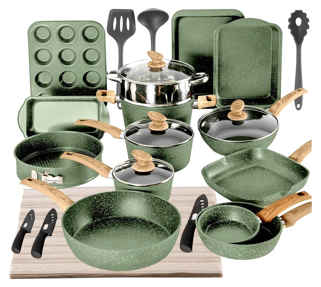 Kitchen Academy Topfset 30-teiliges Induktions-Kochgeschirr-Set mit Glasdeckeln und Granitbeschichtung inkl. Pfannen und Töpfe (Grün 30 tlg)
