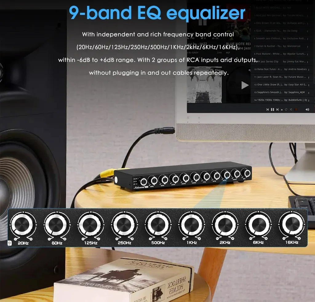 Nobsound HiFi EQ9, controllo dell'equalizzazione a 9 bande, risposta in frequenza 20Hz-20kHz, basso THD 0,001%