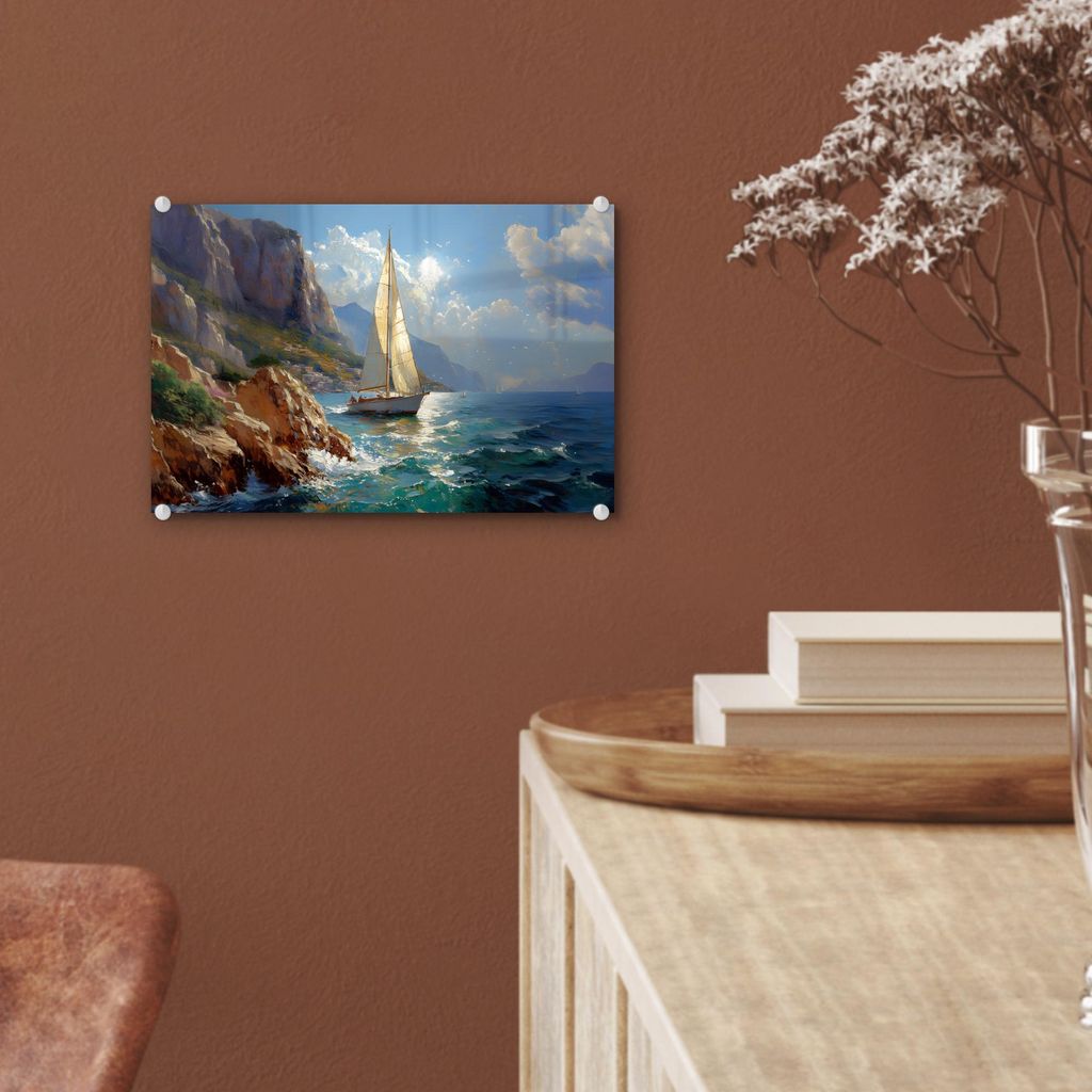 MuchoWow Glasbilder - Bilder auf Wandbild - Foto auf Glas Segelschiff - Meer - Felsen - Wolken 30x20 cm Wanddekoration aus Glas - Acrylglasbild - A...